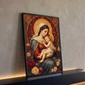 Quadro Decorativo Grande Nossa Senhora Formatos para Sala | quadros decorativos para sala | Nossa Senhora com véu branco segurando Menino Jesus adormecido, fundo vermelho e dourado | Porao dos Quadros
