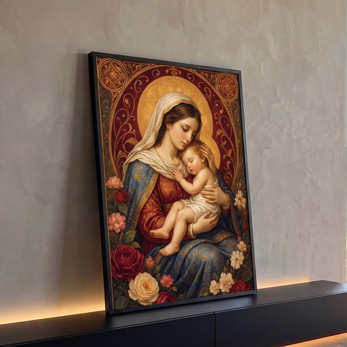 Quadro Decorativo Grande Nossa Senhora Formatos para Sala | quadros decorativos para sala | Nossa Senhora com véu branco segurando Menino Jesus adormecido, fundo vermelho e dourado | Porao dos Quadros
