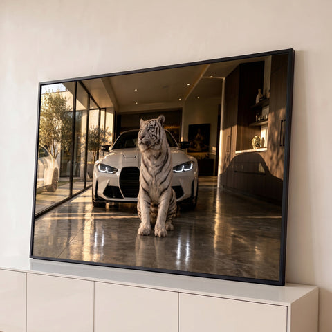 Tigre branco de olhos azuis sentado em frente a carro esportivo branco em garagem de luxo, quadro decorativo