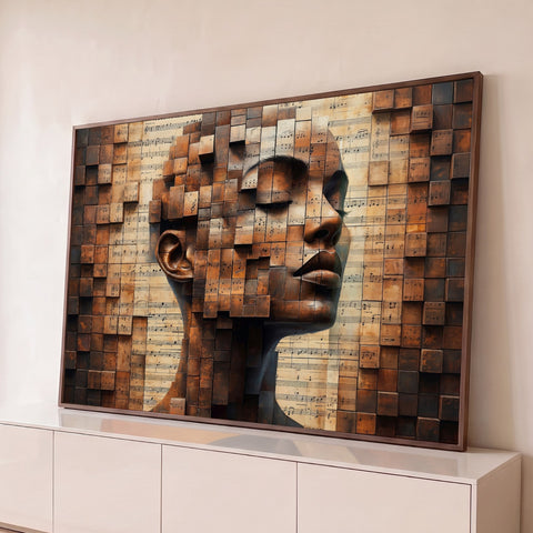 Rosto feminino de olhos fechados em blocos 3D enferrujados sobre partitura musical, quadro decorativo