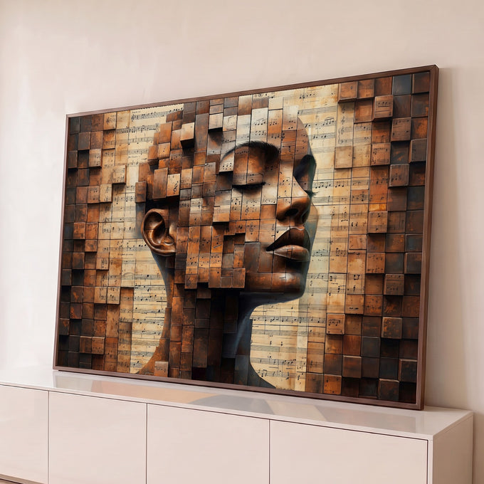 Rosto feminino de olhos fechados em blocos 3D enferrujados sobre partitura musical, quadro decorativo