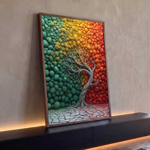 Árvore seca prateada diante de parede de pedras em degradê verde, amarelo e vermelho, quadro decorativo