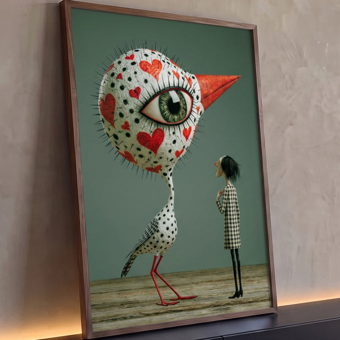 Ave surreal de olho verde gigante com corações vermelhos diante de figura em xadrez, quadro decorativo
