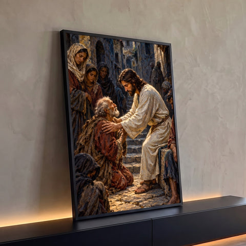 Quadro Decorativo Grande Jesus Cura Mendigo para Sala Bege | quadros decorativos para sala | Jesus com manto branco curando idoso mendigo ajoelhado numa rua de pedra | Porao dos Quadros