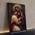 Quadro Decorativo Grande Pietà Nossa Senhora para Sala Azul | quadros decorativos para sala | Nossa Senhora abraçando Jesus com coroa de espinhos, véu azul dourado | Porao dos Quadros