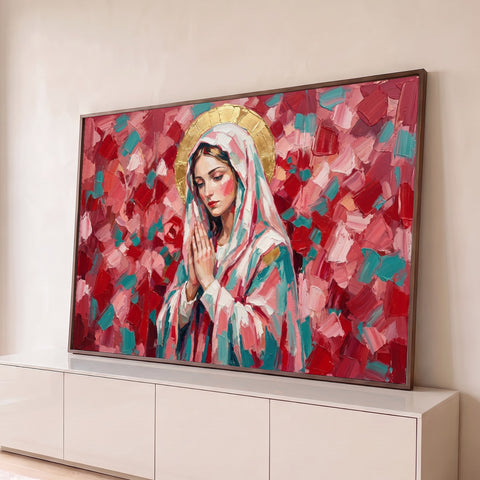 Nossa Senhora em prece com auréola dourada, pintura em espátula vermelha e turquesa, quadro decorativo