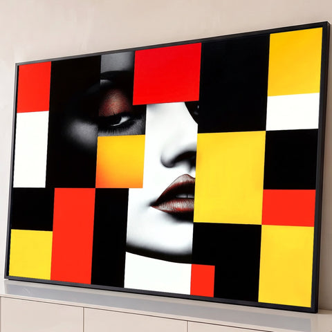 Rosto de mulher em preto e branco fragmentado por blocos geométricos vermelhos, amarelos e pretos, quadro decorativo