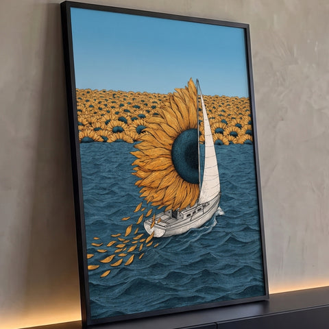 Veleiro com girassol gigante como vela no mar azul, campo de girassóis ao fundo, quadro decorativo