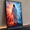 Quadro Decorativo Grande Jesus Caminhando para Sala Vermelho | quadros decorativos para sala | figura de túnica branca caminhando de costas sob céu dividido em vermelho e azul | Porao dos Quadros