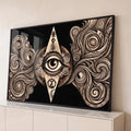 Quadro Decorativo Grande Olho Místico para Sala Preto | quadros decorativos para sala | olho místico central cercado por espirais ornamentais em tons de bege e preto | Porao dos Quadros