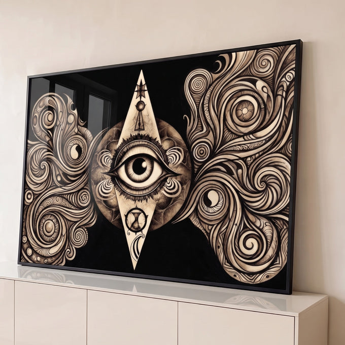 Quadro Decorativo Grande Olho Místico para Sala Preto | quadros decorativos para sala | olho místico central cercado por espirais ornamentais em tons de bege e preto | Porao dos Quadros