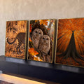 Quadro Decorativo Kit 3 Telas Leopardo Corujas para Sala | quadros decorativos para sala | leopardo na savana, filhotes de coruja em árvore e copa de outono em laranja | Porao dos Quadros
