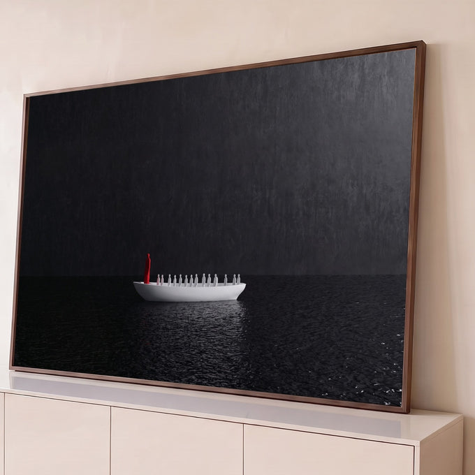 Quadro Decorativo Grande Figuras em Fila para Sala Preto | quadros decorativos para sala | fileira de figuras brancas e uma vermelha em barco sobre água escura | Porao dos Quadros