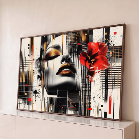 Rosto de mulher de olhos fechados com lábios dourados, lírio vermelho e colagem geométrica, quadro decorativo