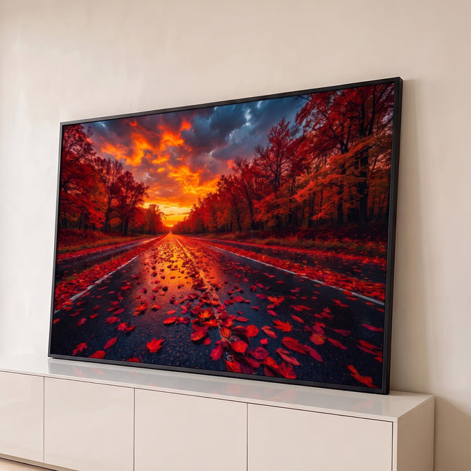 Quadro Decorativo Grande Estrada de Outono para Sala | quadros decorativos para sala | estrada coberta de folhas vermelhas entre árvores de outono sob céu alaranjado ao pôr do sol | Porao dos Quadros