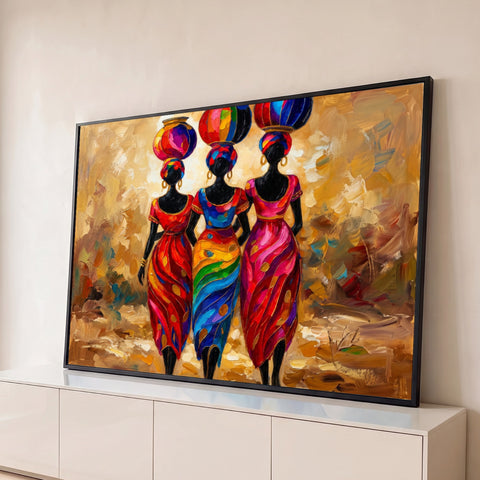 Três mulheres africanas de costas com potes coloridos na cabeça em pintura a óleo dourada, quadro decorativo