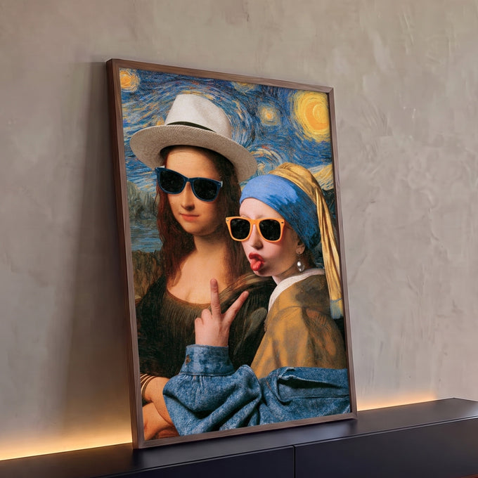 Mona Lisa e Moça do Brinco de Pérola de óculos escuros fazendo selfie na Noite Estrelada, quadro decorativo