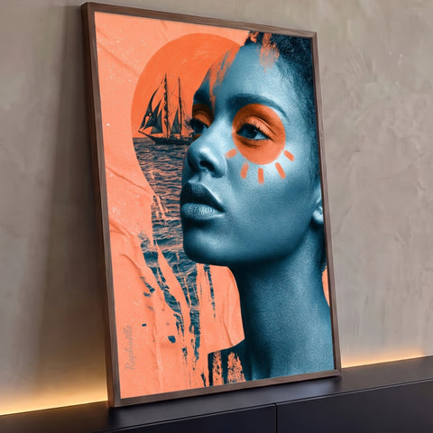 Rosto de mulher em azul com sol laranja pintado no olho e veleiro no mar ao fundo, quadro decorativo