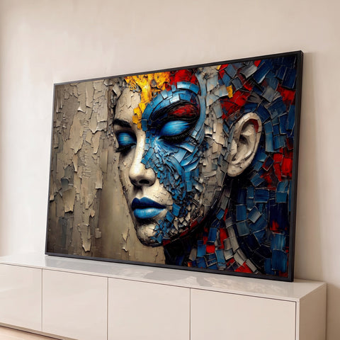 Rosto de mulher de olhos fechados em mosaico azul e vermelho sobre parede craquelada bege, quadro decorativo