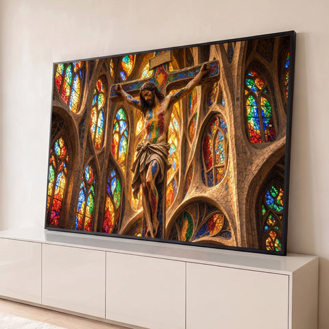 Jesus Cristo crucificado em mosaico colorido entre vitrais e arcos góticos dourados, quadro decorativo