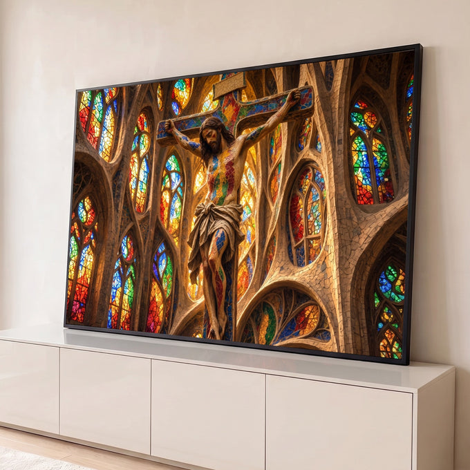 Jesus Cristo crucificado em mosaico colorido entre vitrais e arcos góticos dourados, quadro decorativo