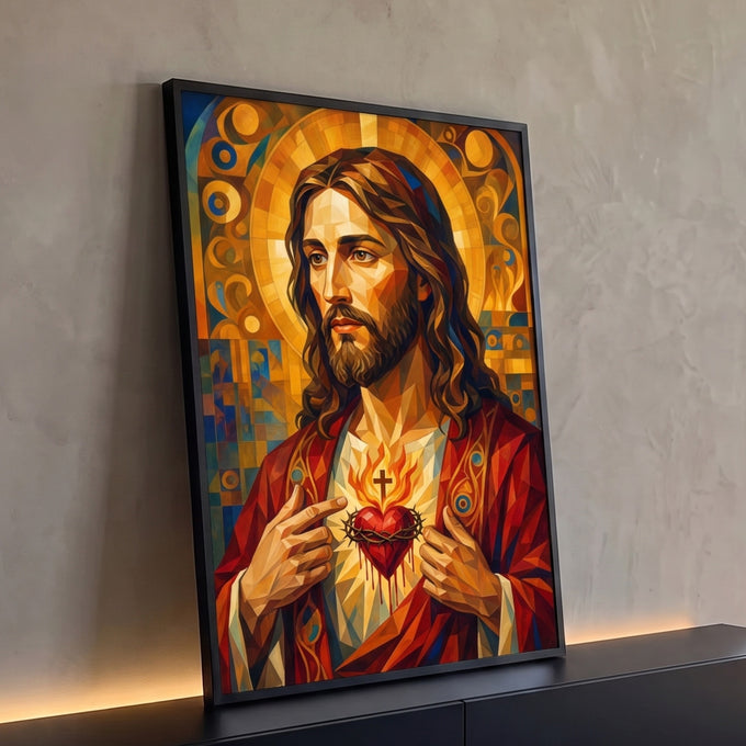 Quadro Decorativo Grande Sagrado Coração Cruz para Sala | quadros decorativos para sala | Jesus Cristo com Sagrado Coração em chamas, estilo geométrico dourado e vermelho | Porao dos Quadros