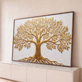 Árvore da vida dourada em relevo com raízes e folhas sobre fundo branco texturizado, quadro decorativo