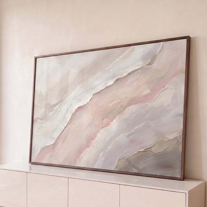 Quadro Decorativo Grande Abstrato para Sala Bege | quadros decorativos para sala | pintura abstrata em tons de bege, rosa e branco com textura de pinceladas diagonais | Porao dos Quadros