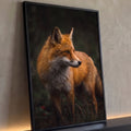 Raposa vermelha de perfil na grama com pelagem laranja e fundo escuro de floresta, quadro decorativo