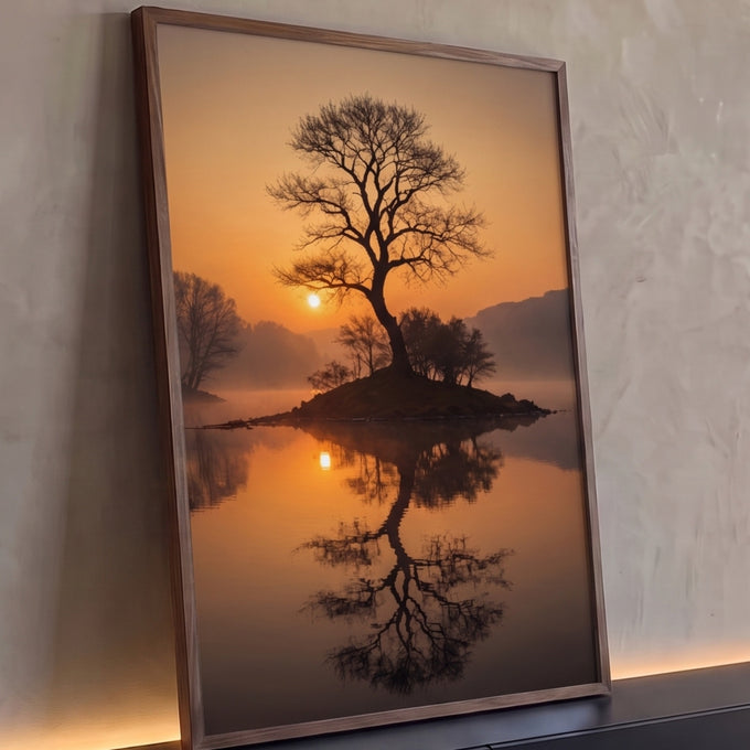 Árvore sem folhas em ilhota ao pôr do sol, refletida no lago com névoa e céu laranja, quadro decorativo