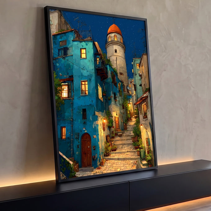 Beco de pedra noturno com casas azuis, torre de cúpula laranja e céu estrelado, quadro decorativo