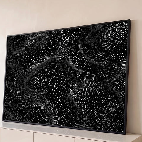 Pontos brancos formando ondas e redemoinhos sobre fundo preto em arte abstrata pontilhada, quadro decorativo