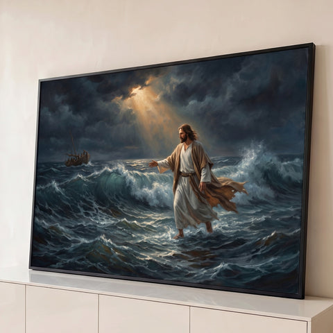 Quadro Decorativo Grande Jesus Caminhando para Sala Azul | quadros decorativos para sala | Jesus caminhando sobre o mar agitado com raio de luz dourada no céu tempestuoso | Porao dos Quadros