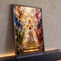 Quadro Decorativo Grande Jesus Coroado para Sala Dourado | quadros decorativos para sala | Jesus ajoelhado sendo coroado por Deus, cercado de anjos alados coloridos e luz dourada | Porao dos Quadros