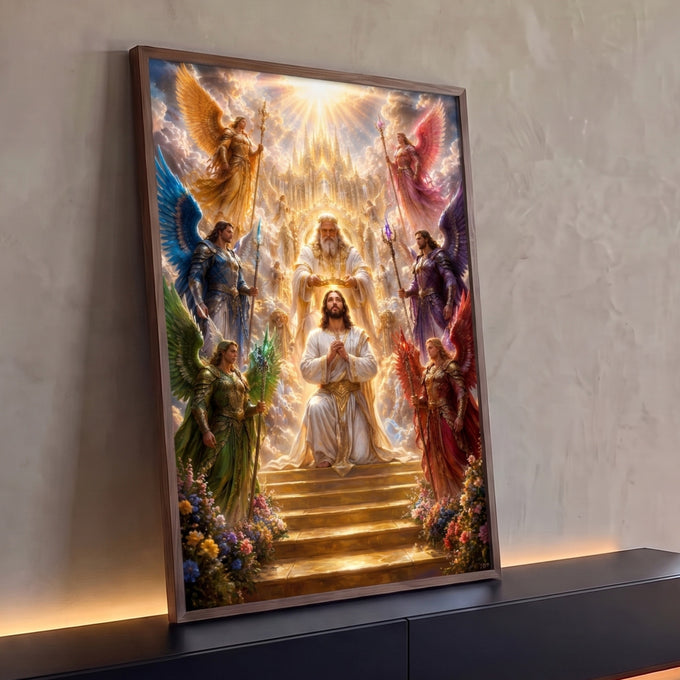 Quadro Decorativo Grande Jesus Coroado para Sala Dourado | quadros decorativos para sala | Jesus ajoelhado sendo coroado por Deus, cercado de anjos alados coloridos e luz dourada | Porao dos Quadros