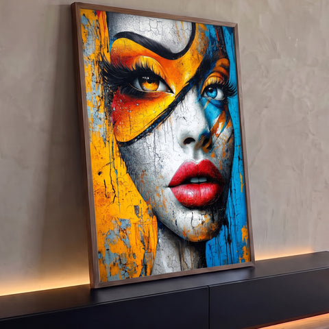 Rosto de mulher em grafite com lábios vermelhos e tinta amarela e azul escorrida, quadro decorativo