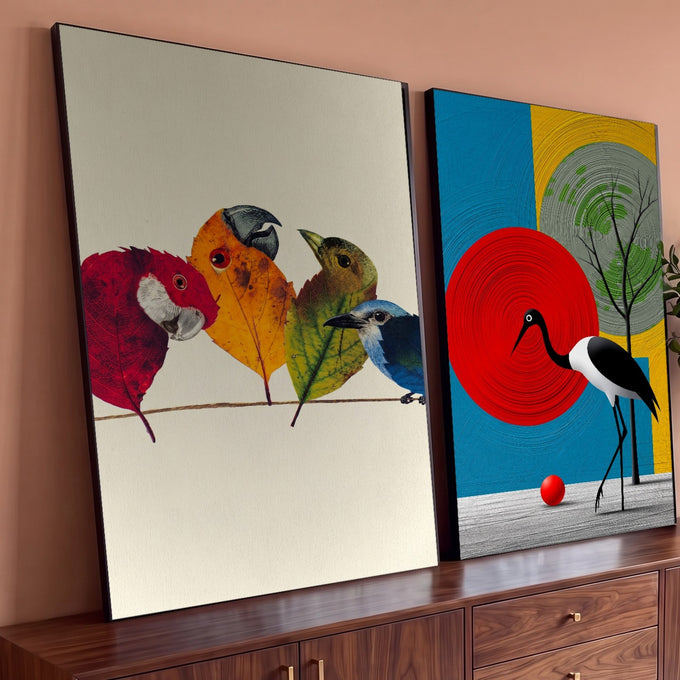 Quadro Decorativo Kit 2 Telas Aves de Folhas para Sala | quadros decorativos para sala | pássaros feitos de folhas secas e cegonha preta e branca sobre círculos coloridos | Porao dos Quadros