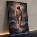 Quadro Decorativo Grande Jesus Caminhando Bege para Sala | quadros decorativos para sala | homem de manto branco caminhando sobre o mar com brilho ao redor da cabeça | Porao dos Quadros