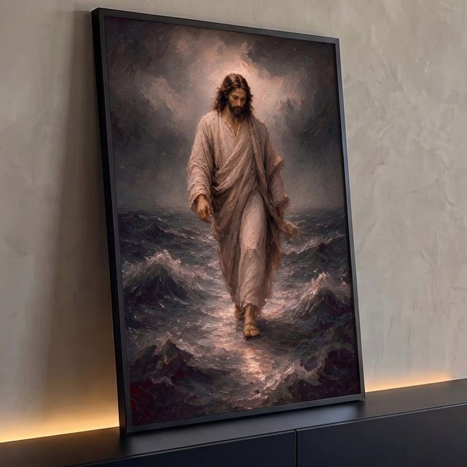 Quadro Decorativo Grande Jesus Caminhando Bege para Sala | quadros decorativos para sala | homem de manto branco caminhando sobre o mar com brilho ao redor da cabeça | Porao dos Quadros