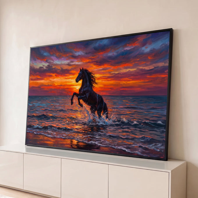 Cavalo negro empinado nas ondas do mar sob céu de pôr do sol laranja e roxo, quadro decorativo