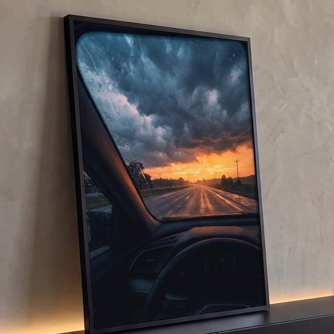 Estrada vista pelo para-brisa com chuva, nuvens de tempestade e pôr do sol laranja, quadro decorativo