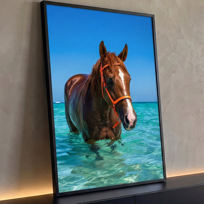 Cavalo alazão com cabresto laranja dentro do mar turquesa sob céu azul, quadro decorativo