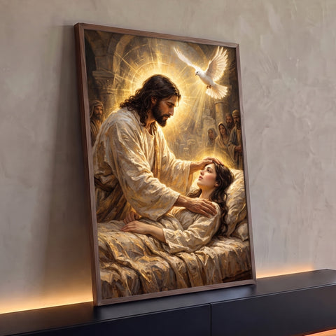 Quadro Decorativo Grande Jesus Curando para Sala Dourado | quadros decorativos para sala | Jesus tocando a testa de uma mulher deitada com pomba branca em luz dourada | Porao dos Quadros
