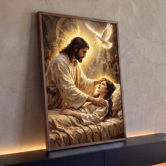 Quadro Decorativo Grande Jesus Curando para Sala Dourado | quadros decorativos para sala | Jesus tocando a testa de uma mulher deitada com pomba branca em luz dourada | Porao dos Quadros