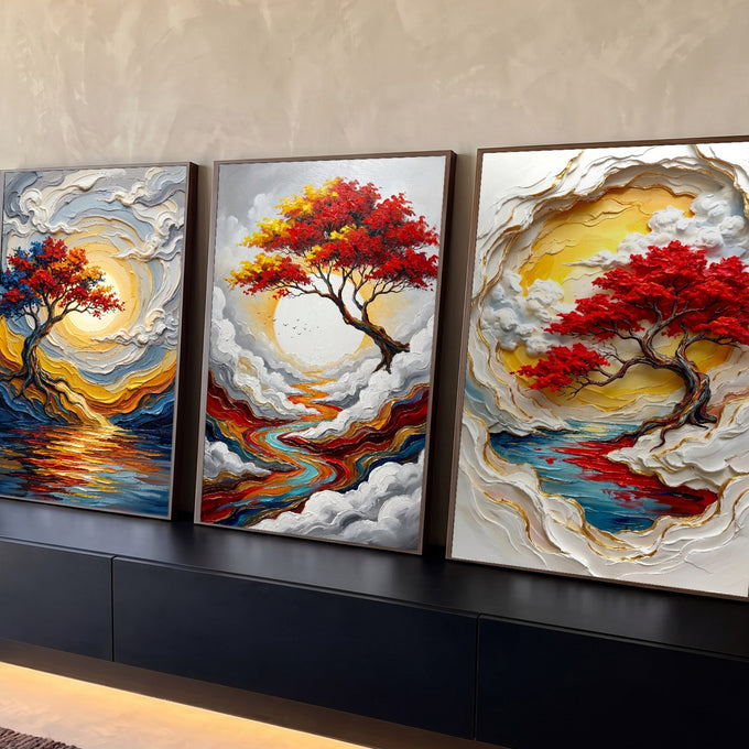 Quadro Decorativo Grande Árvore Vermelha para Sala Dourado | quadros decorativos para sala | árvore de folhas vermelhas sobre sol dourado com nuvens em relevo e rio colorido | Porao dos Quadros