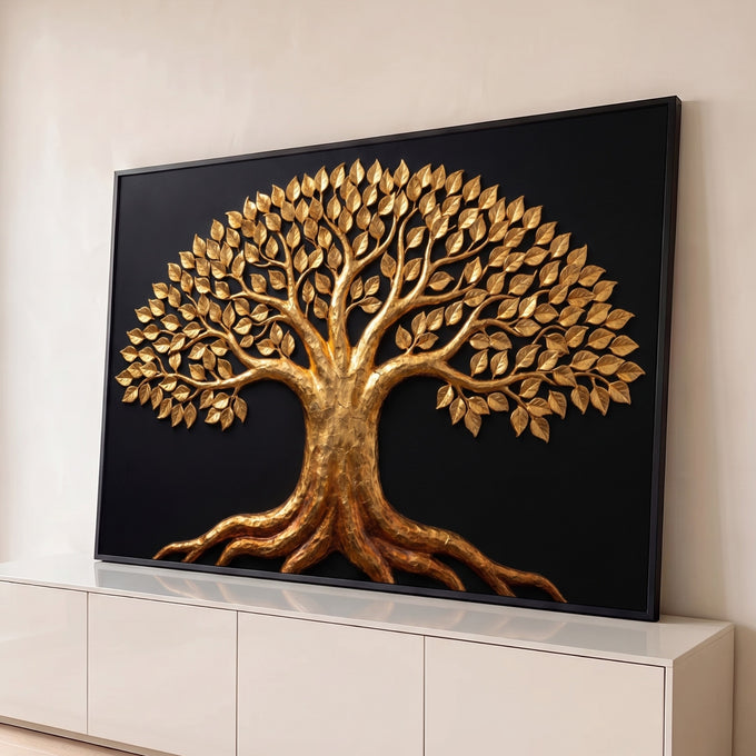 Quadro Decorativo Grande Árvore da Vida para Sala Dourado | quadros decorativos para sala | árvore dourada em relevo com raízes e copa cheia de folhas sobre fundo preto | Porao dos Quadros