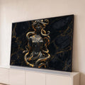 Quadro Decorativo Grande Medusa em Mármore para Sala Preto | quadros decorativos para sala | figura feminina de mármore negro com serpentes douradas e olhos laranja brilhantes | Porao dos Quadros