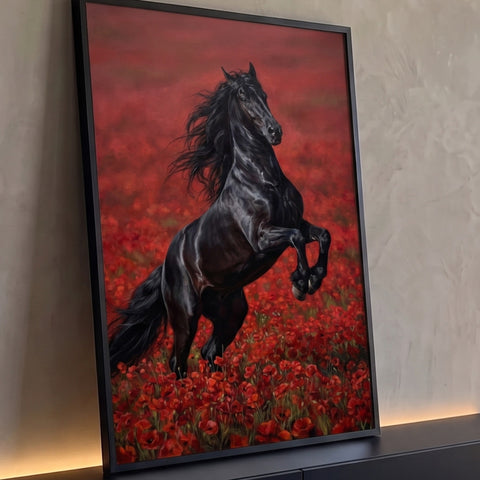 Cavalo negro empinado com crina ao vento em campo de papoulas vermelhas, pintura a óleo, quadro decorativo