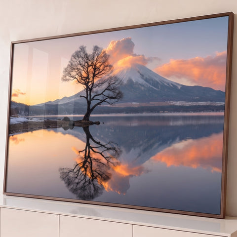 Árvore solitária refletida em lago com Monte Fuji nevado e nuvens rosadas ao entardecer, quadro decorativo