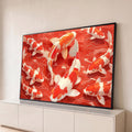 Peixes koi vermelhos e brancos nadando em círculo em água vermelha, ilustração japonesa, quadro decorativo